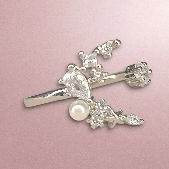 Open Half Moon Star Ring 925 Sterling Silver White Gold Plated CZ Pearl Sz 6.5 - Picture 7 of 8